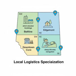 understand the nuances of Calgary’s quadrants, such as strict elevator bookings in the Beltline, loading dock coordination in the Downtown Core, and steep driveway navigation in Edgemont.