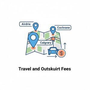 travel time charges for surrounding areas like Airdrie or Cochrane, as these can impact the final cost.