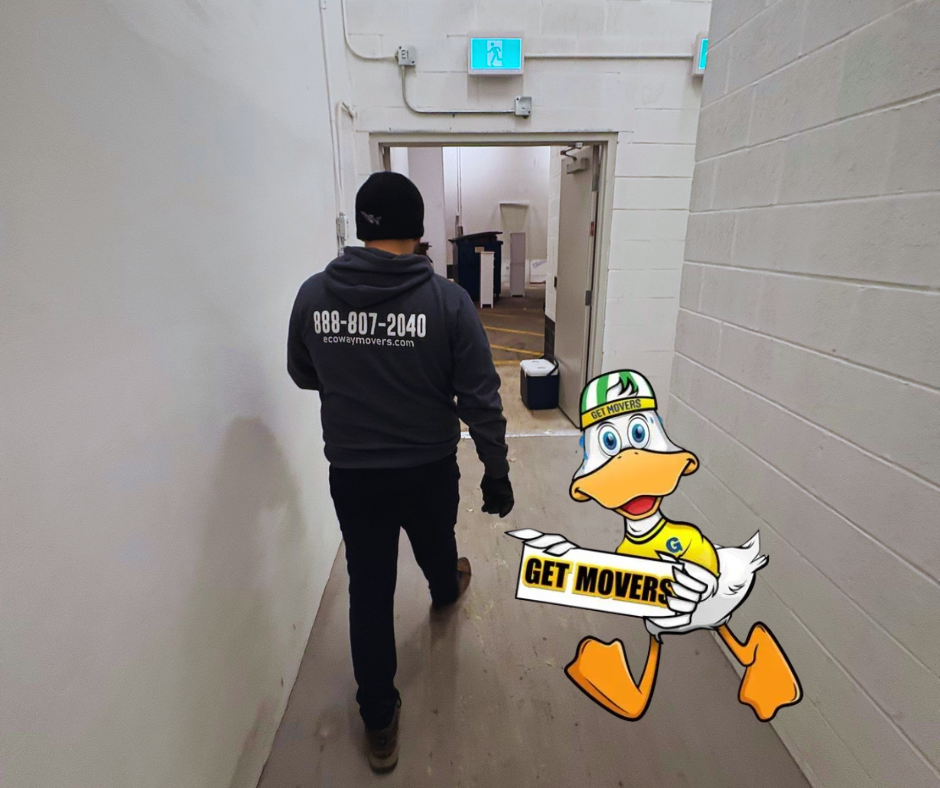 Professional movers utilizing floor runners and winter gear during a Hamilton move.